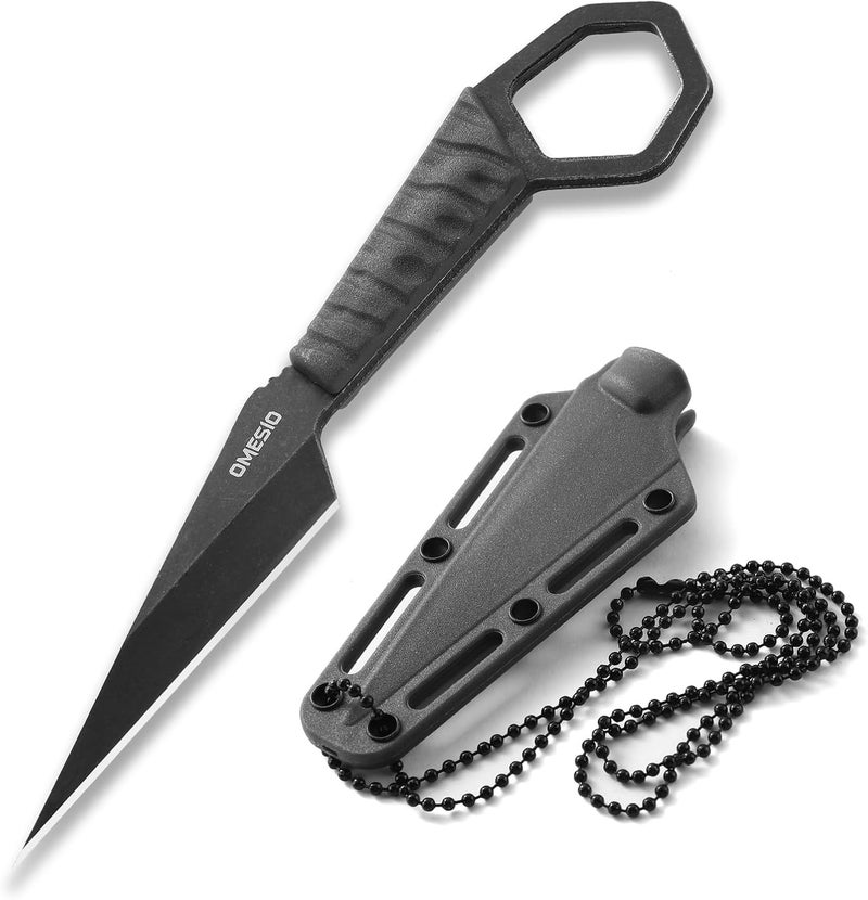 Omesio Fixed Blade Knife with Sheath, 6.38” Neck Knife Full Tang Small Necklace Knife for Men, Compact EDC Tactical Knife Suitable for Survival Hiking Camping Outdoor (Black) - Image 1